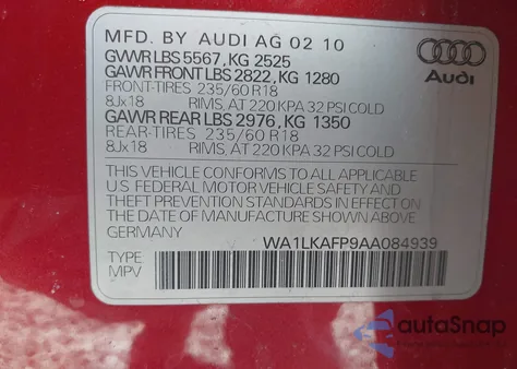 2010 Audi Q5 3.2 Premium z USA, uszkodzony, nr VIN WA1LKAFP9AA084939